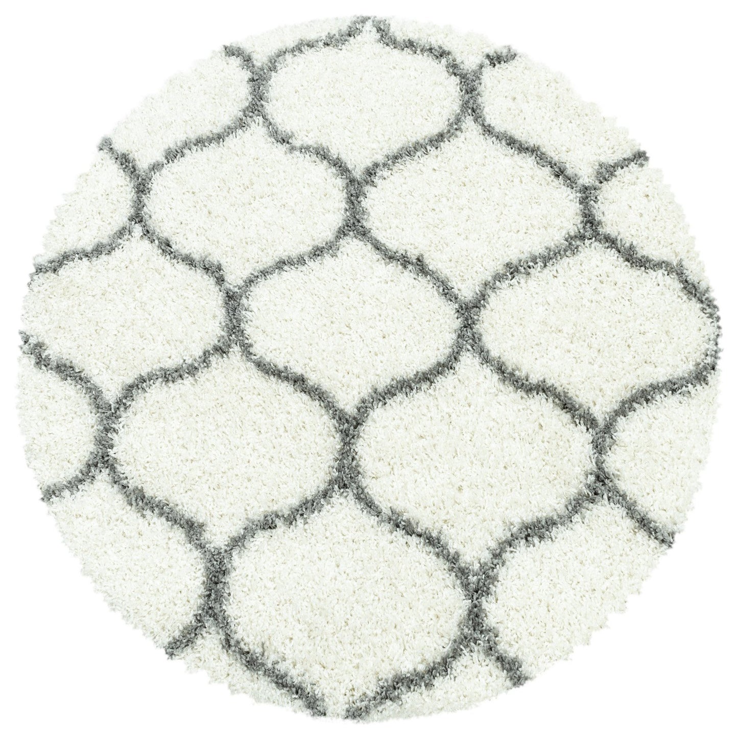 Tapis Rond à poils longs et motifs Alhambra - Blanc et Gris