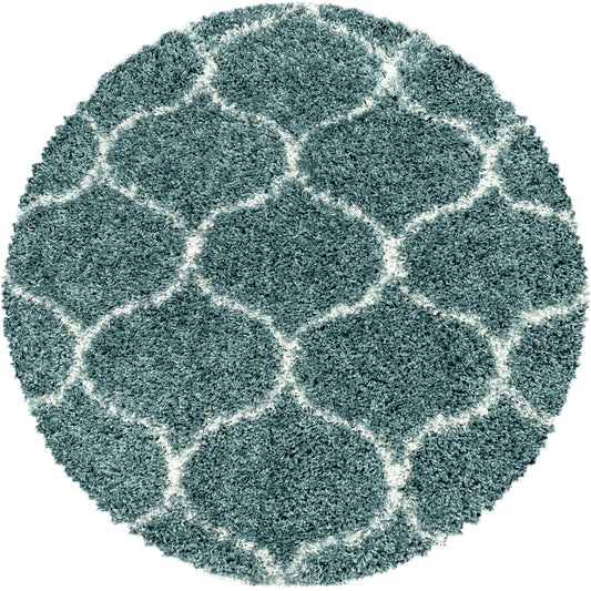 Tapis Rond à poils longs et motifs Alhambra - Turquoise et Blanc