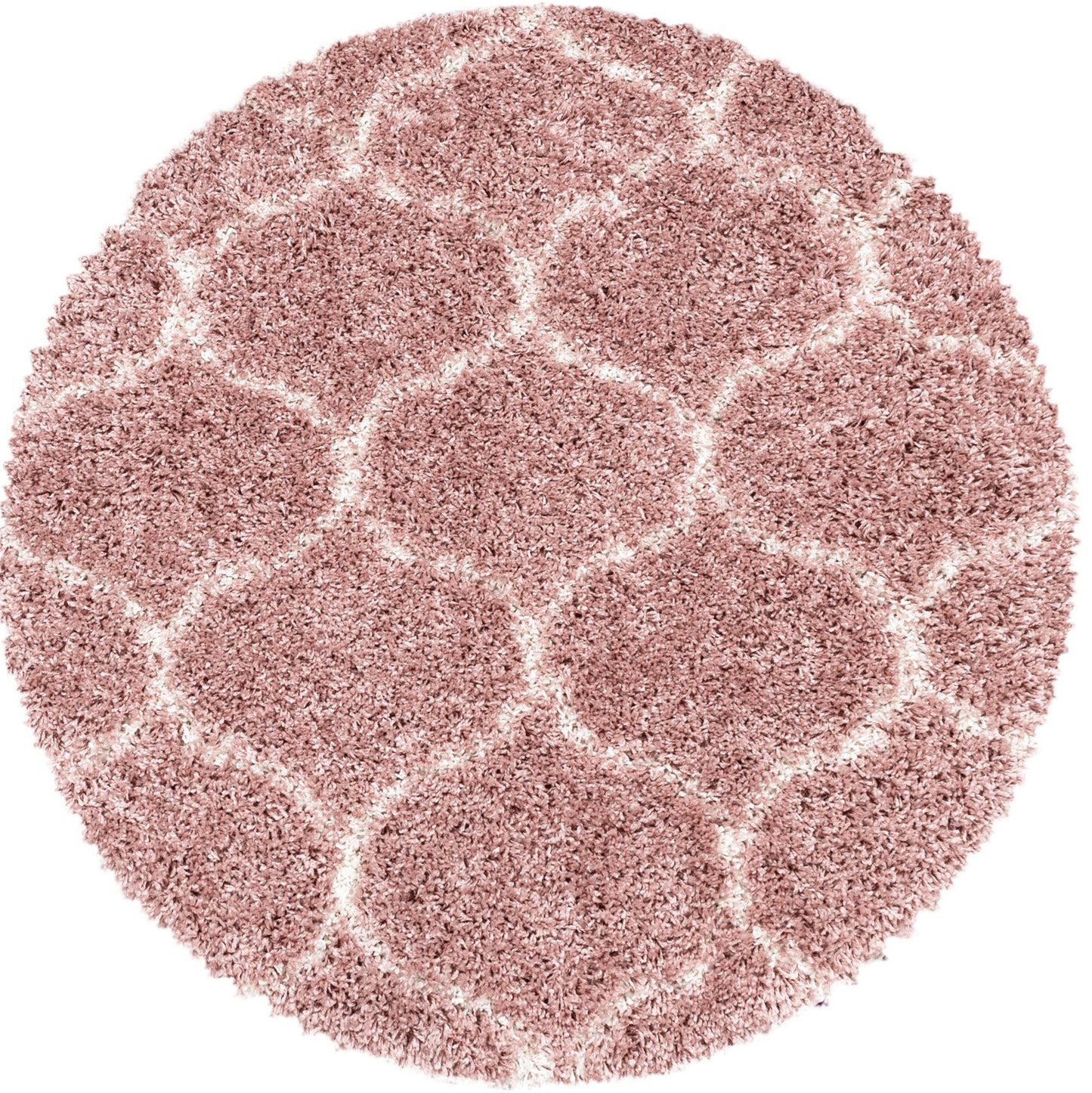 Tapis Rond à poils longs et motifs Alhambra - Rose et Blanc