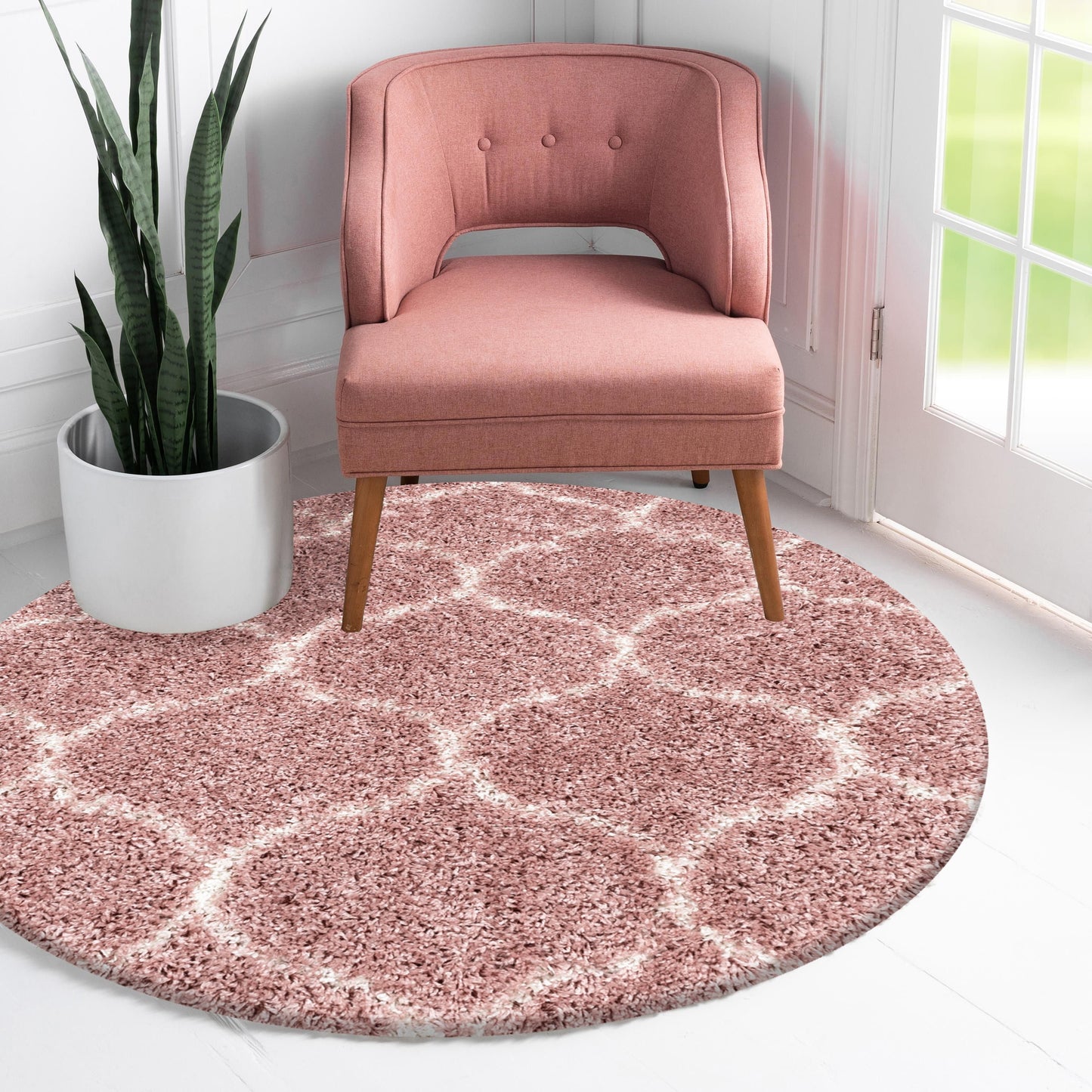 Tapis Rond à poils longs et motifs Alhambra - Rose et Blanc