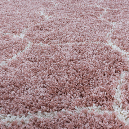 Tapis Rond à poils longs et motifs Alhambra - Rose et Blanc