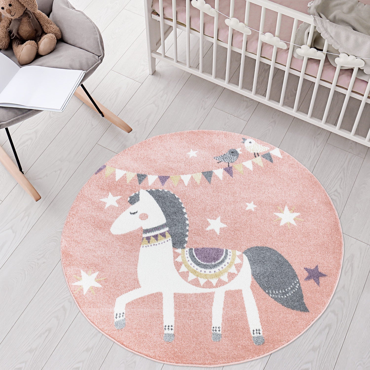 Tapis Rond pour chambre d'enfant Cheval Rose et Blanc – STUDIO DECO