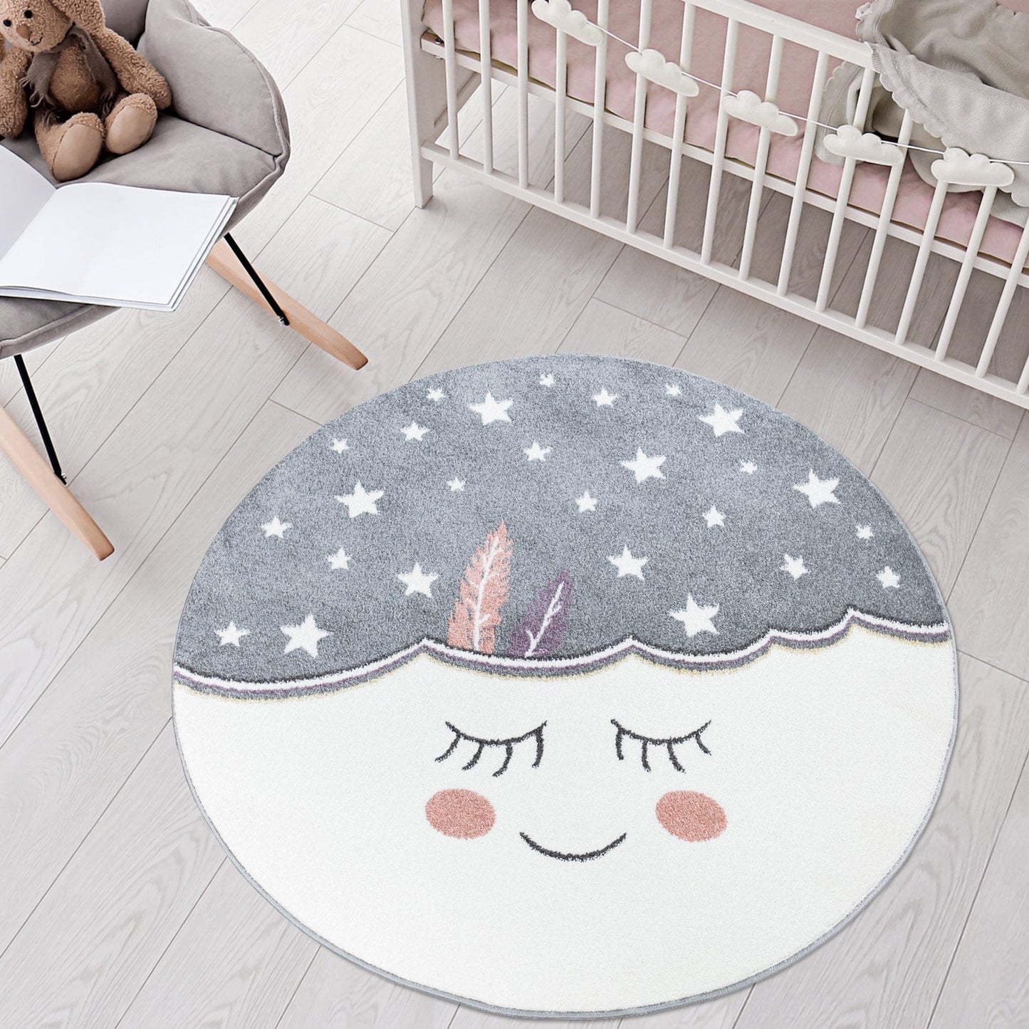 Tapis Rond pour chambre d'enfant Nuage Mignon Gris et Blanc