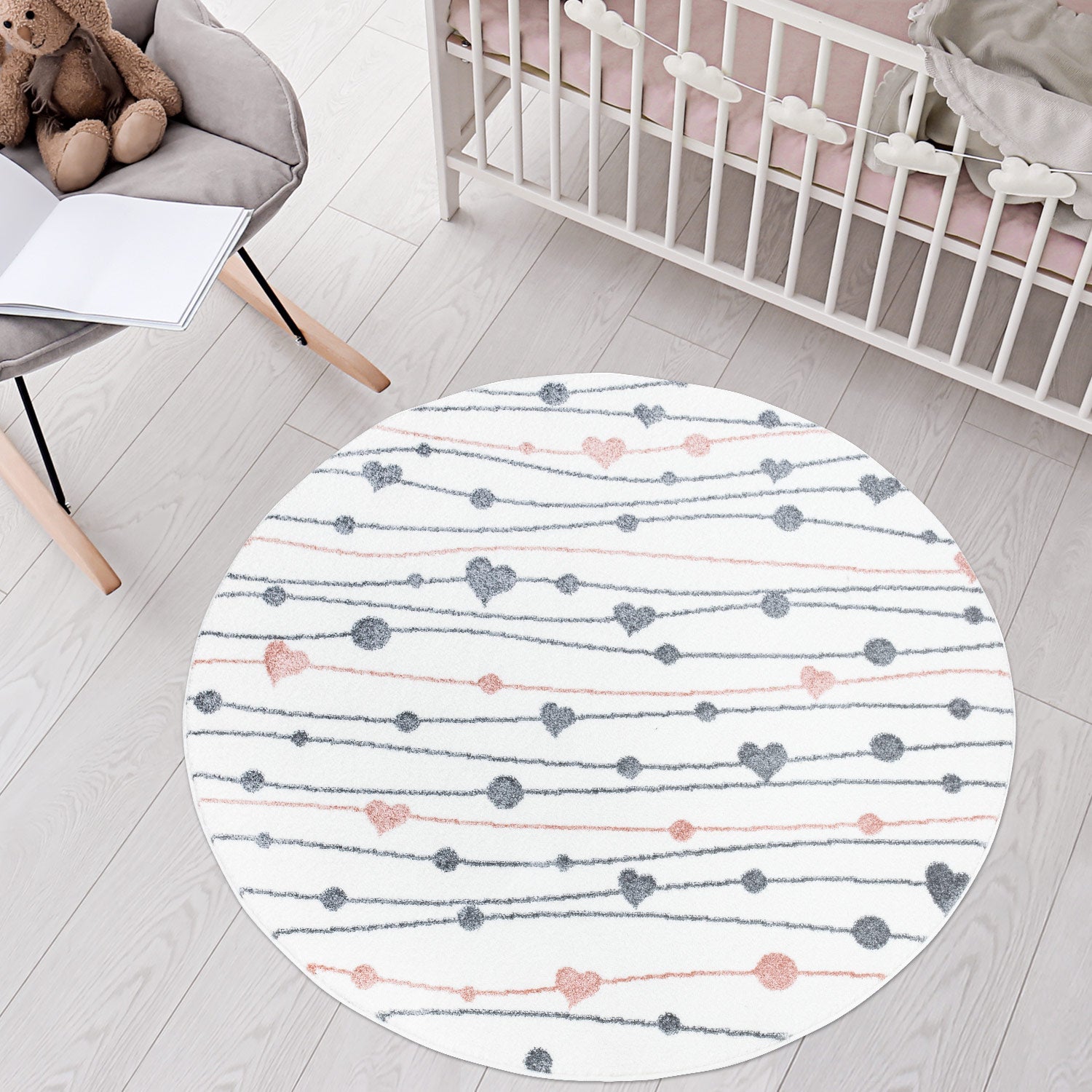 Tapis Rond pour chambre d'enfant Blanc Guirlandes Rose et Gris – STUDIO DECO