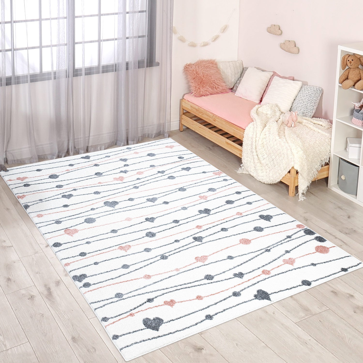 Tapis pour chambre d'enfant Blanc Guirlandes Rose et Gris – STUDIO DECO