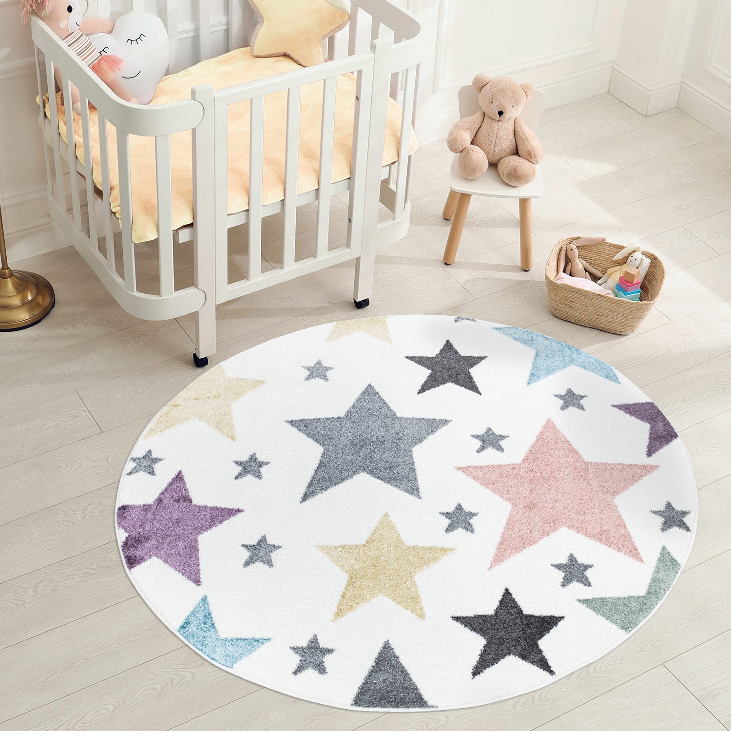 Tapis Rond pour chambre d'enfant Blanc Etoiles Multicolores – STUDIO DECO