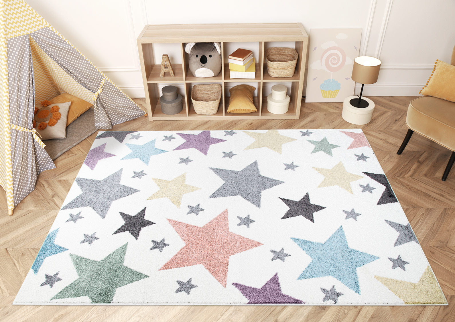 Tapis pour chambre d'enfant Blanc Etoiles Multicolores – STUDIO DECO