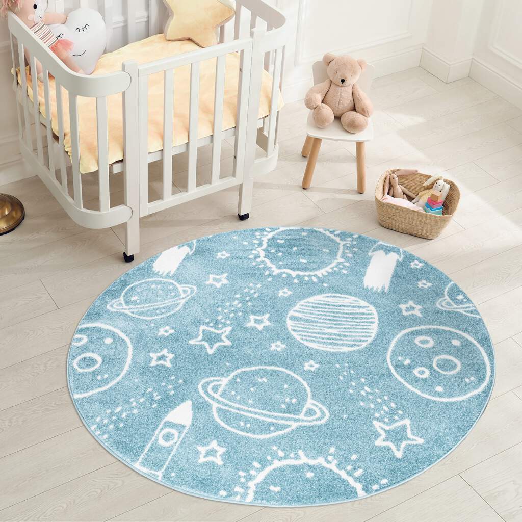 Tapis Rond pour chambre d'enfant Astronaute Bleu et Blanc – STUDIO DECO