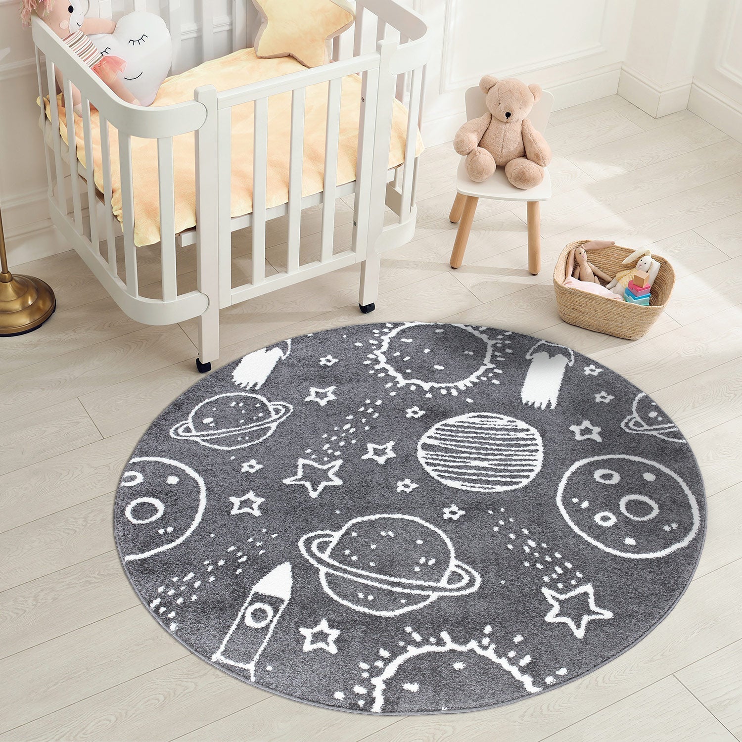 Tapis Rond pour chambre d'enfant Astronaute Gris et Blanc – STUDIO DECO