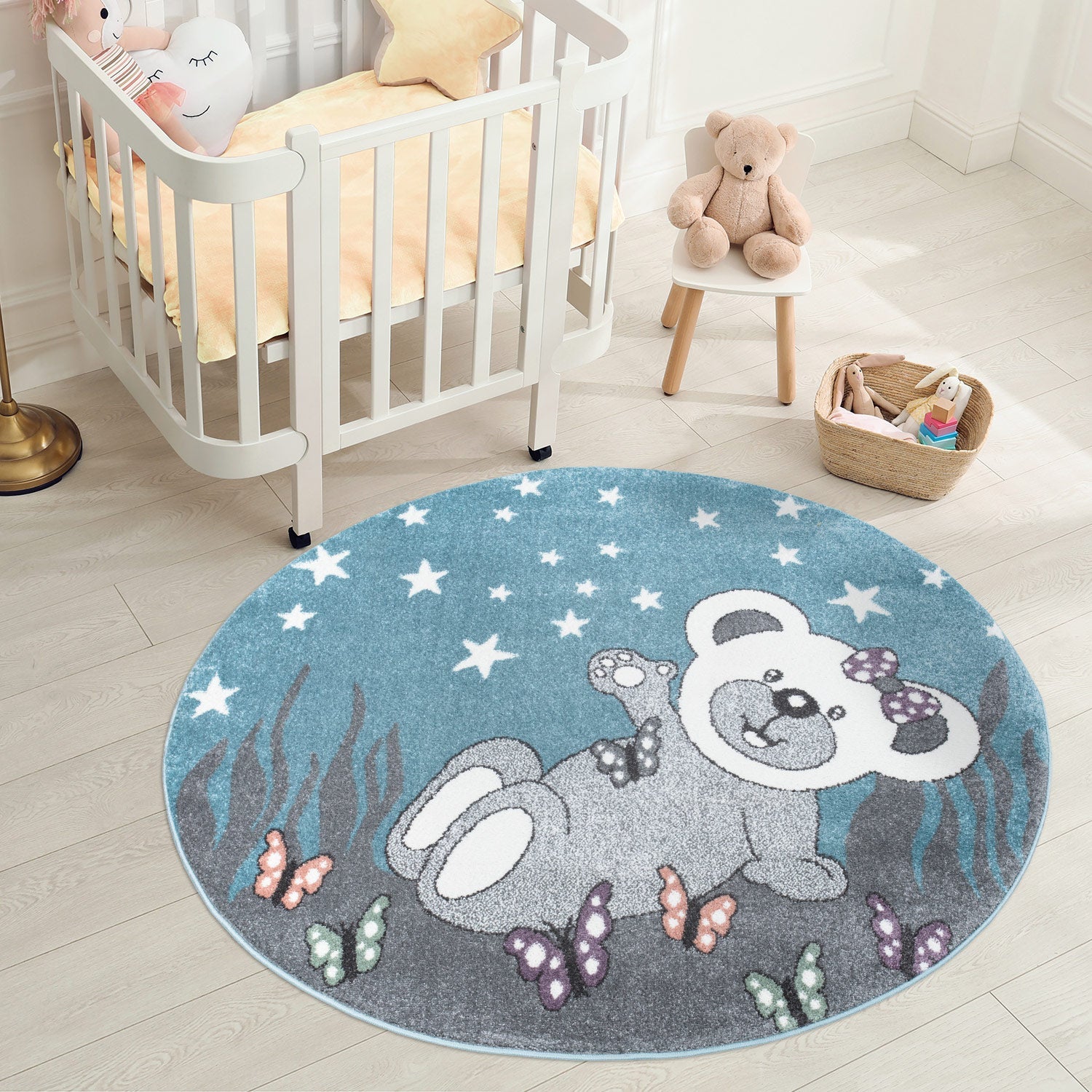 Tapis Rond pour chambre d'enfant Ourson Bleu et Blanc – STUDIO DECO