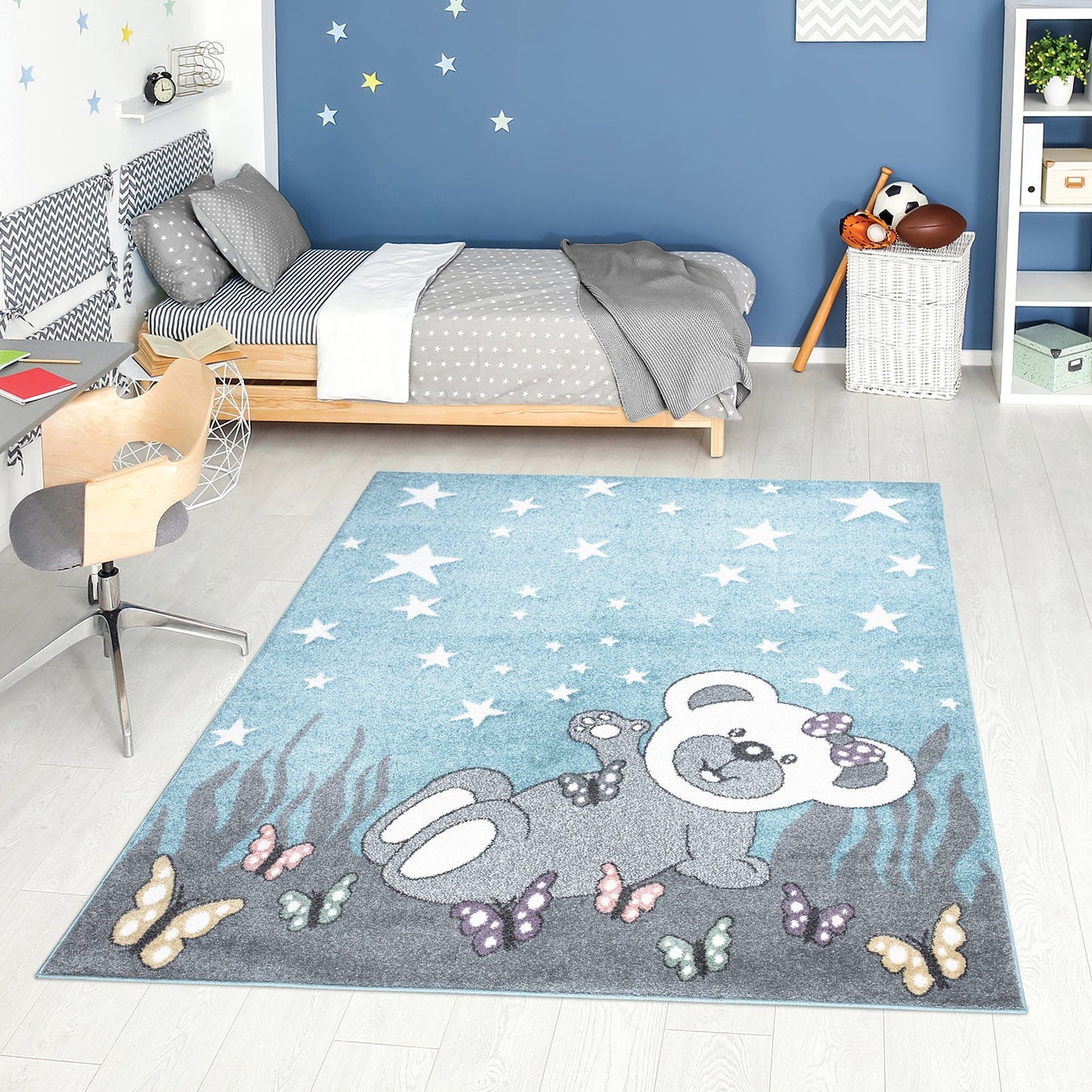 Tapis pour chambre d'enfant Ourson Bleu et Blanc