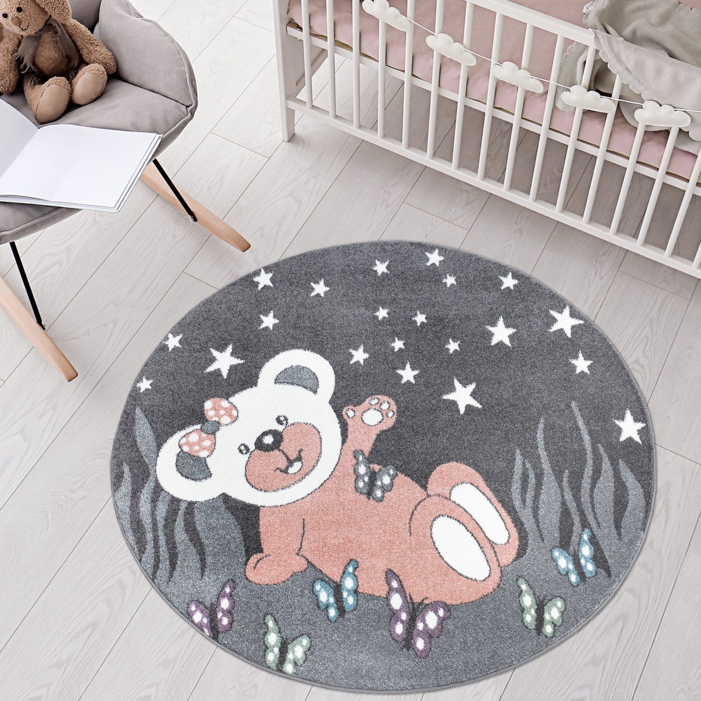 Tapis Rond pour chambre d'enfant Ourson Gris et Blanc