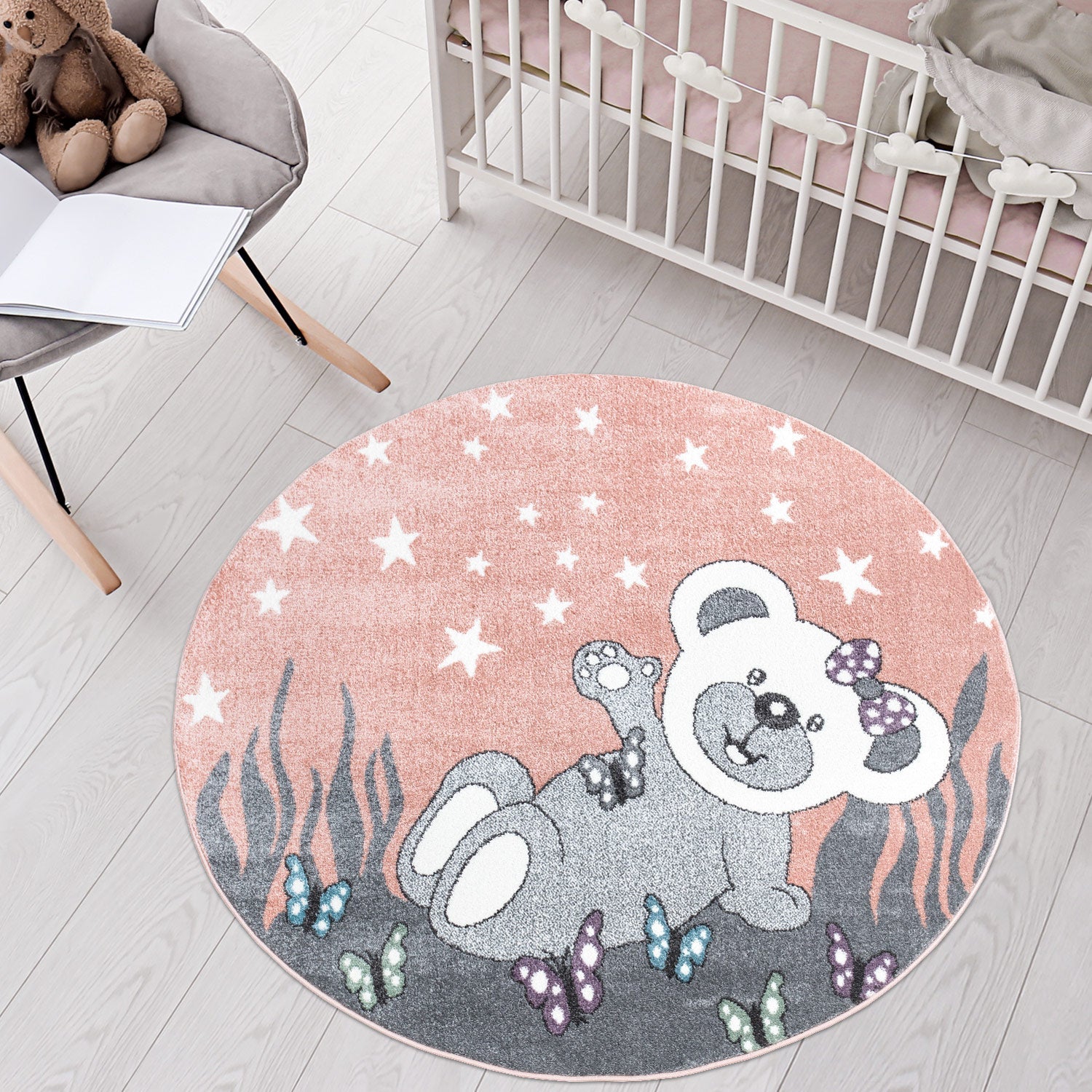 Tapis Rond pour chambre d'enfant Ourson Rose et Blanc – STUDIO DECO