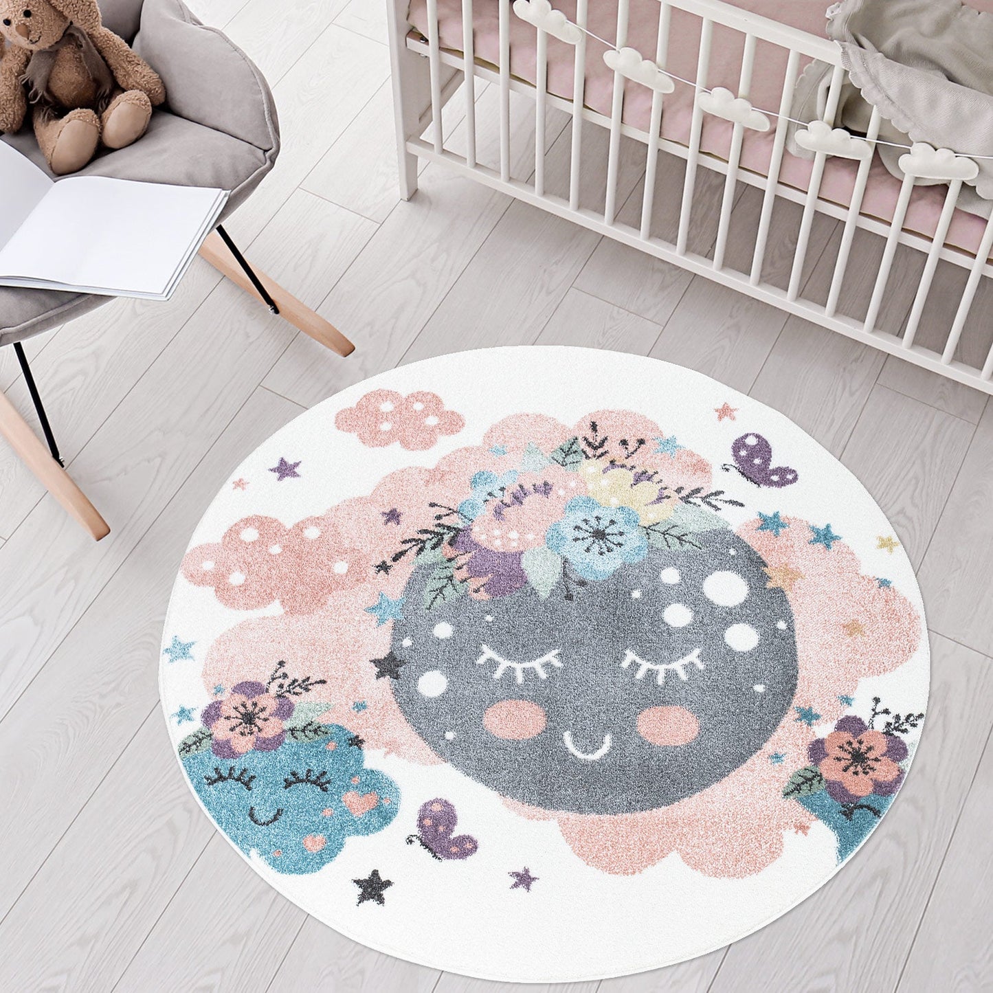 Tapis Rond pour chambre d'enfant Crème Motif Nuages