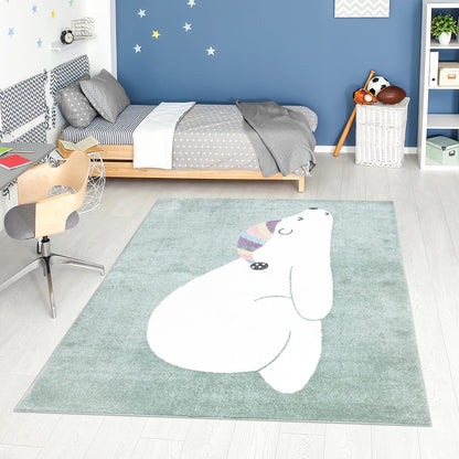 Tapis pour chambre d'enfant Vert Motif Ours Blanc