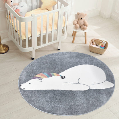 Tapis Rond pour chambre d'enfant Gris Motif Ours Blanc