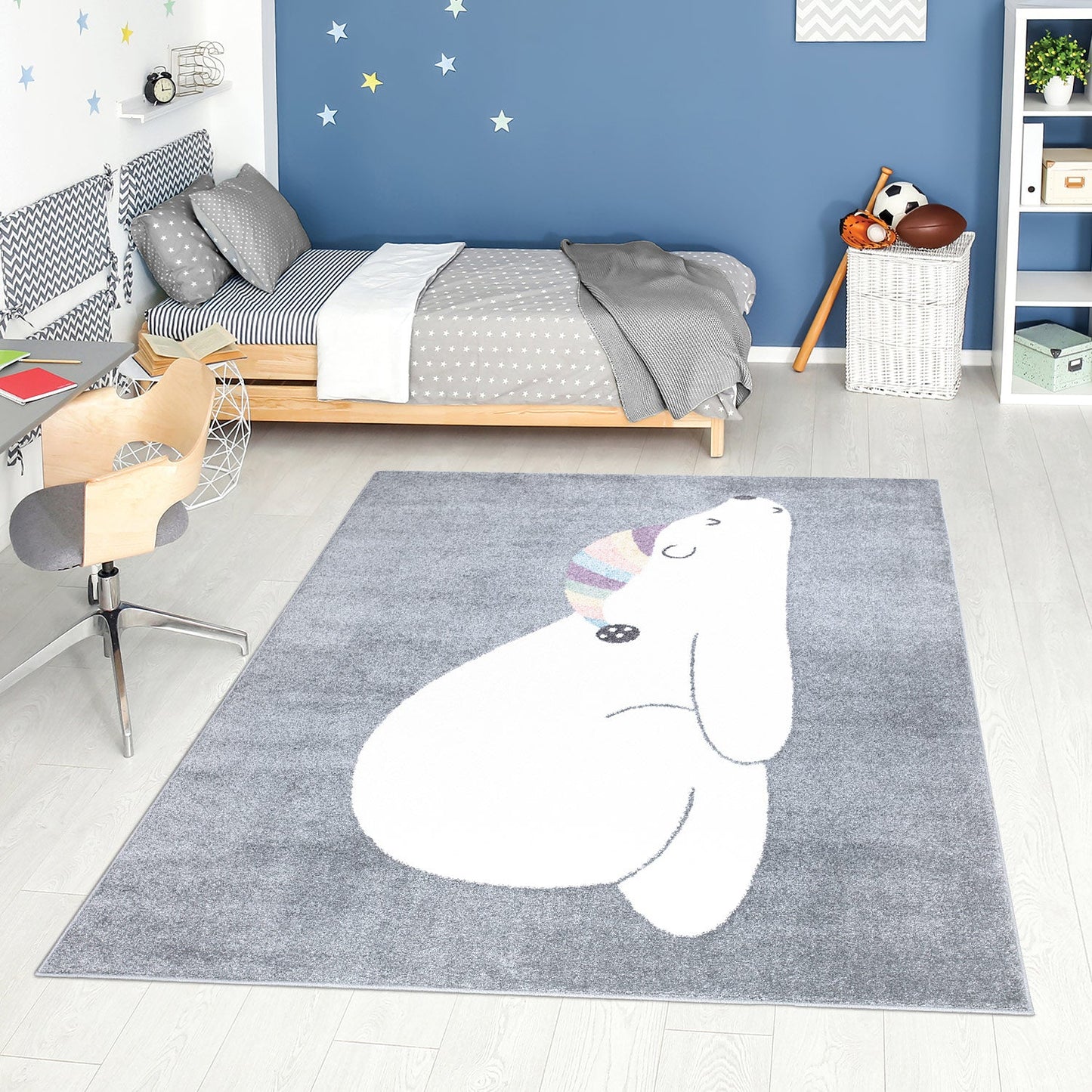 Tapis pour chambre d'enfant Gris Motif Ours Blanc