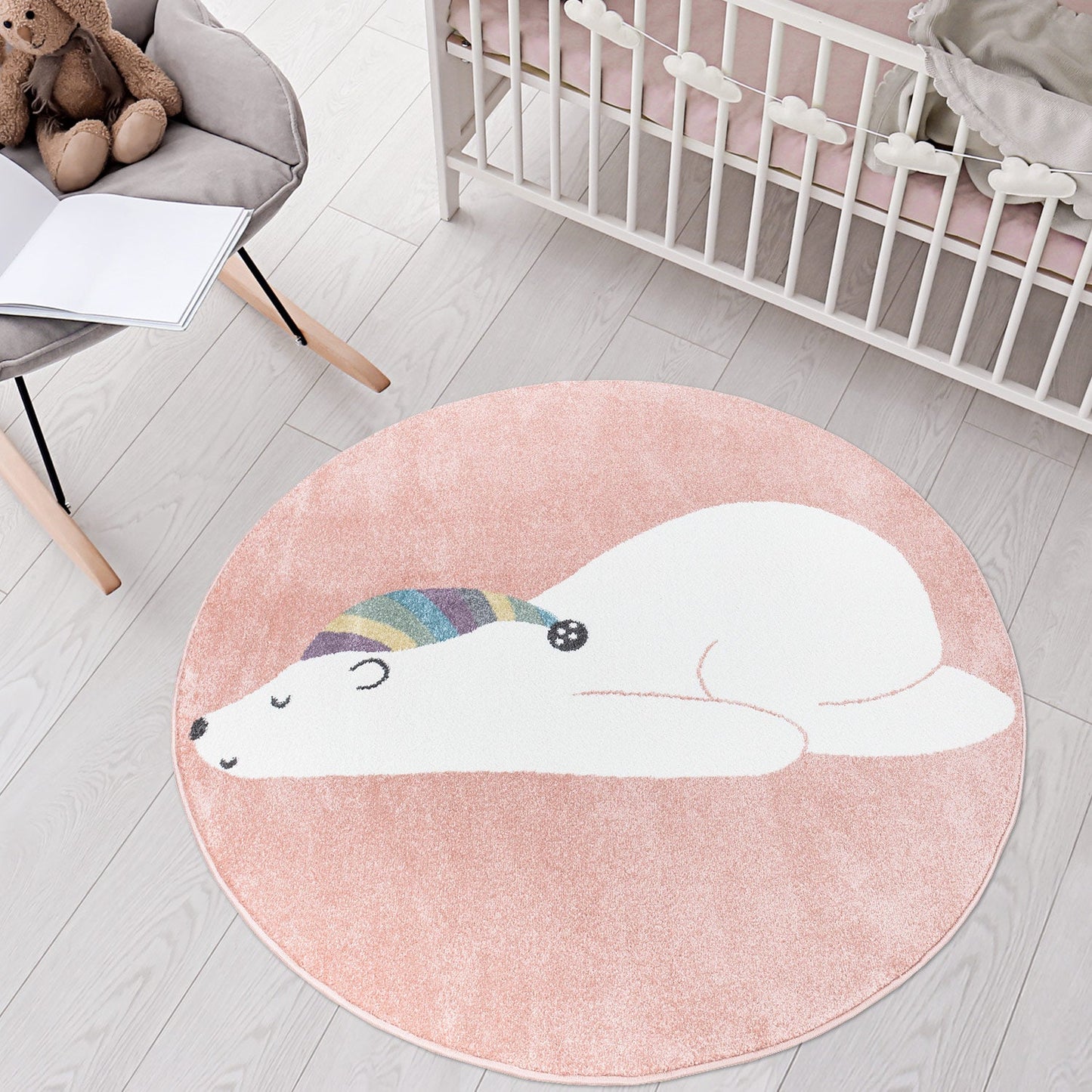 Tapis Rond pour chambre d'enfant Rose Motif Ours Blanc