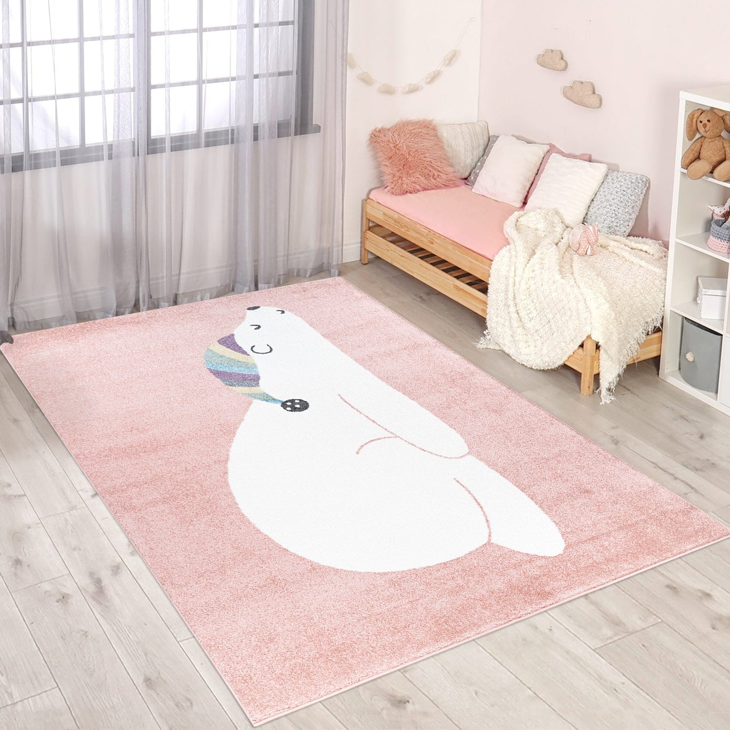 Tapis pour chambre d'enfant Rose Motif Ours Blanc