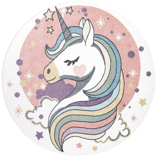 Tapis Rond pour chambre d'enfant Blanc Motif Licorne Multicolore