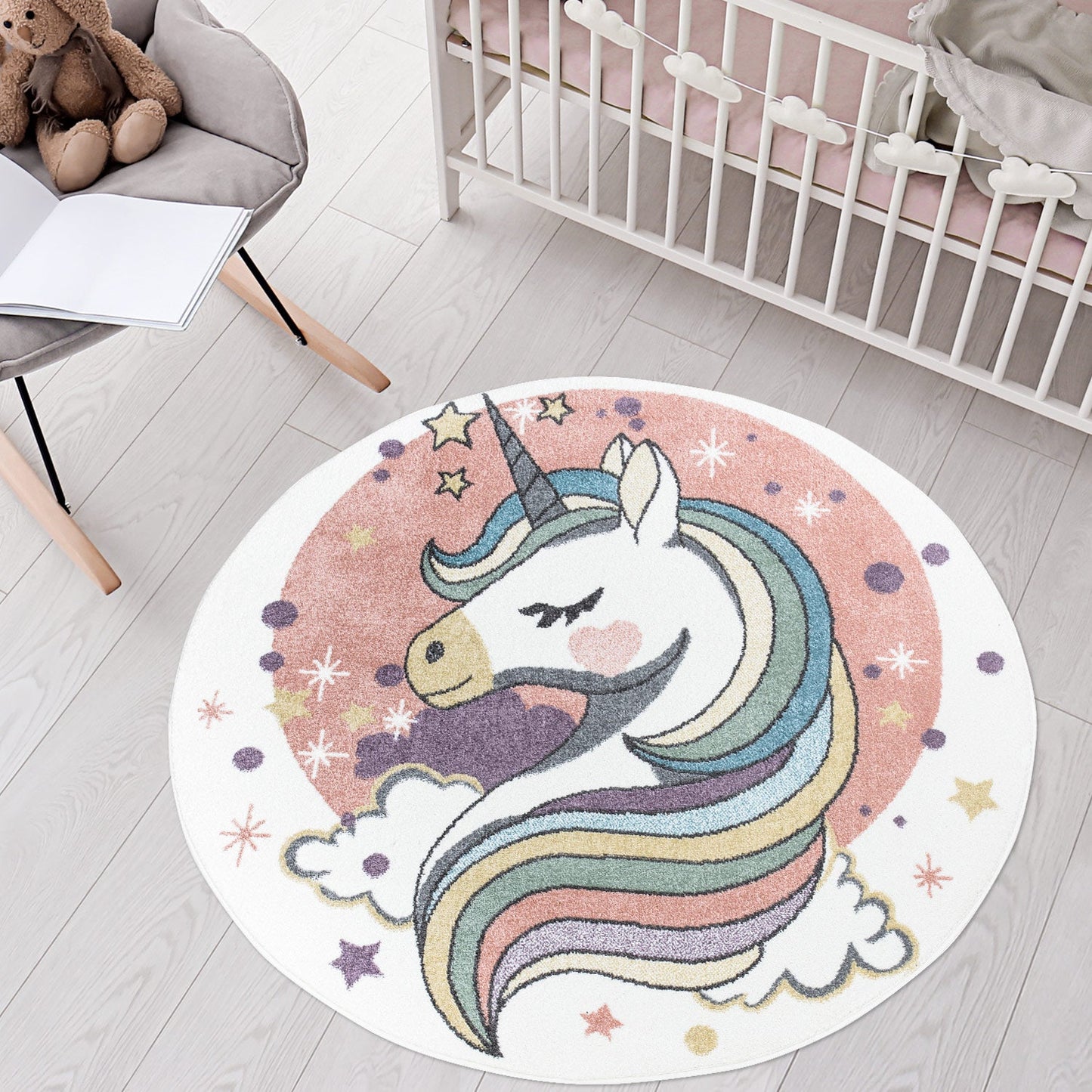 Tapis Rond pour chambre d'enfant Blanc Motif Licorne Multicolore