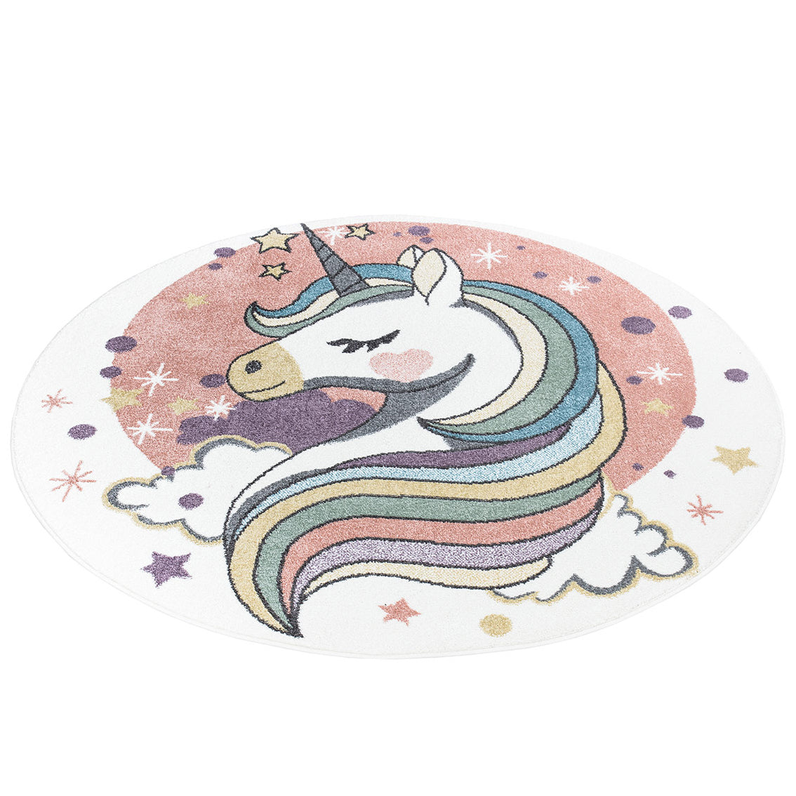 Tapis Rond pour chambre d'enfant Blanc Motif Licorne Multicolore