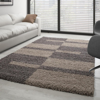 Tapis Shaggy à motifs Traits - Taupe et Beige