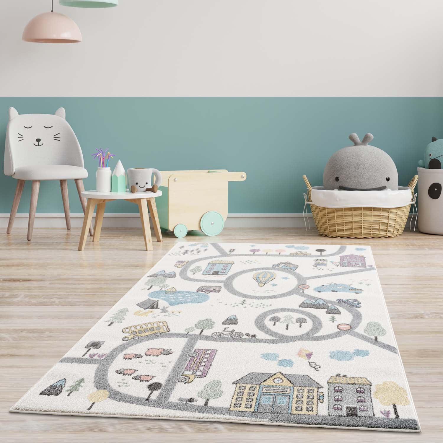 Tapis de jeu pour chambre d'enfant Blanc Motif Route de l'école – STUDIO DECO