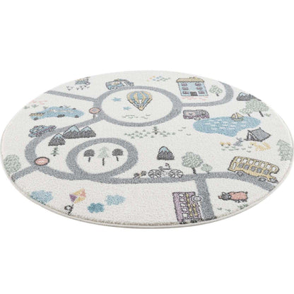 Tapis de jeu Rond pour chambre d'enfant Blanc Motif Route de l'école