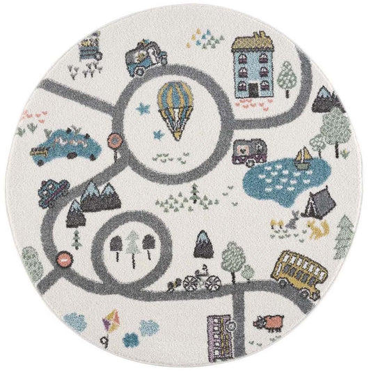 Tapis de jeu Rond pour chambre d'enfant Blanc Motif Route de l'école