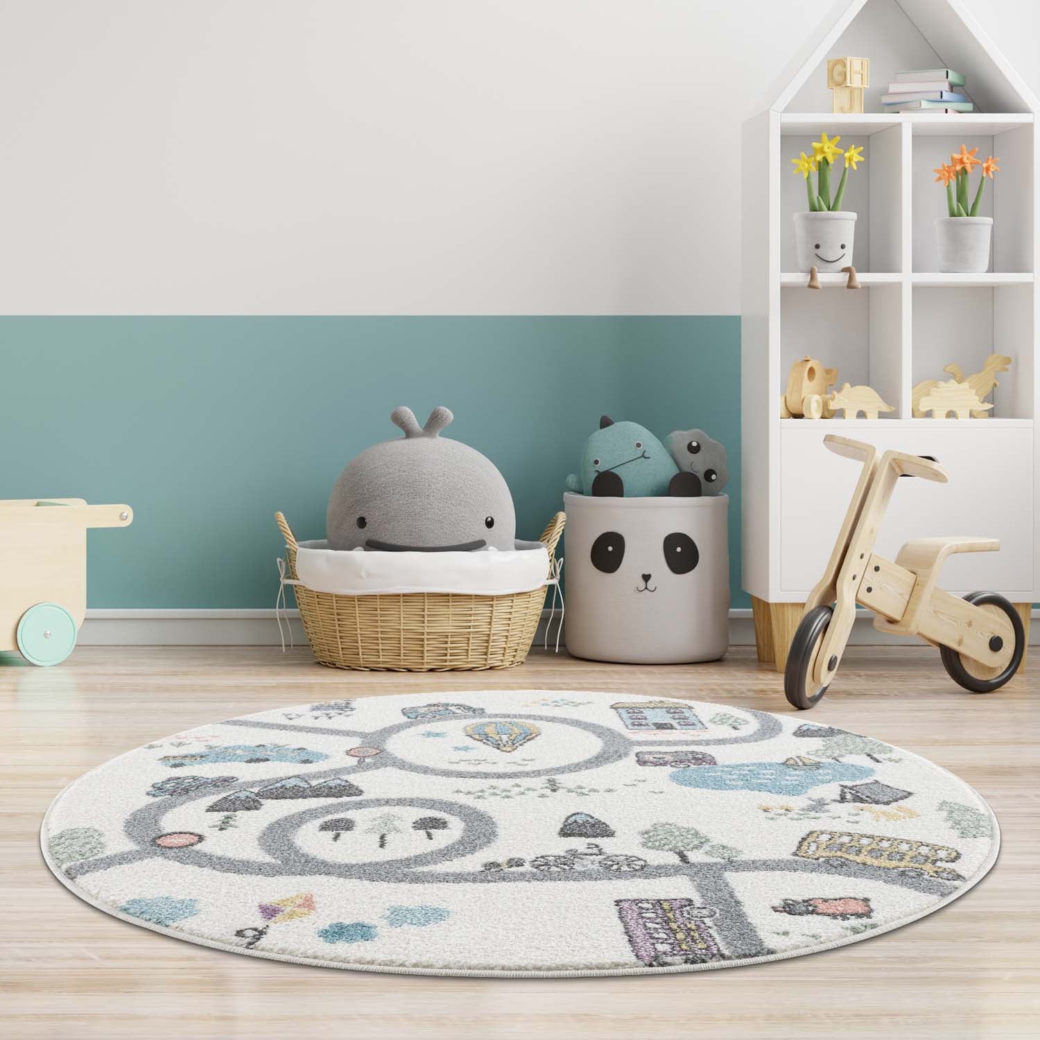 Tapis de jeu Rond pour chambre d'enfant Blanc Motif Route de l'école – STUDIO DECO
