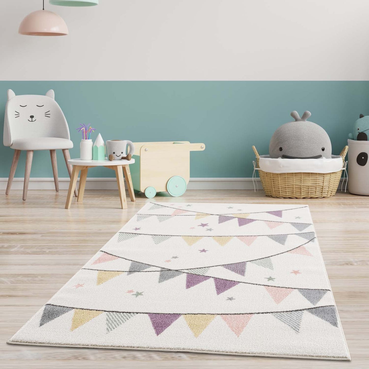 Tapis pour chambre d'enfant Crème Motif Guirlandes Multicolores