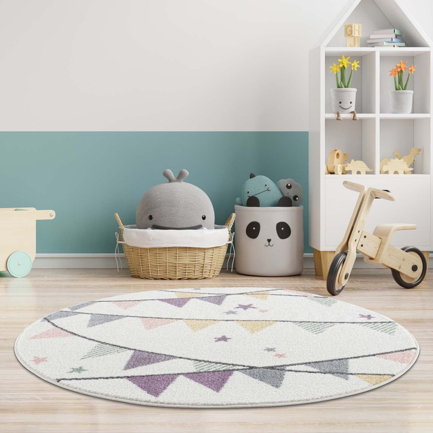 Tapis Rond pour chambre d'enfant Crème Motif Guirlandes Multicolores