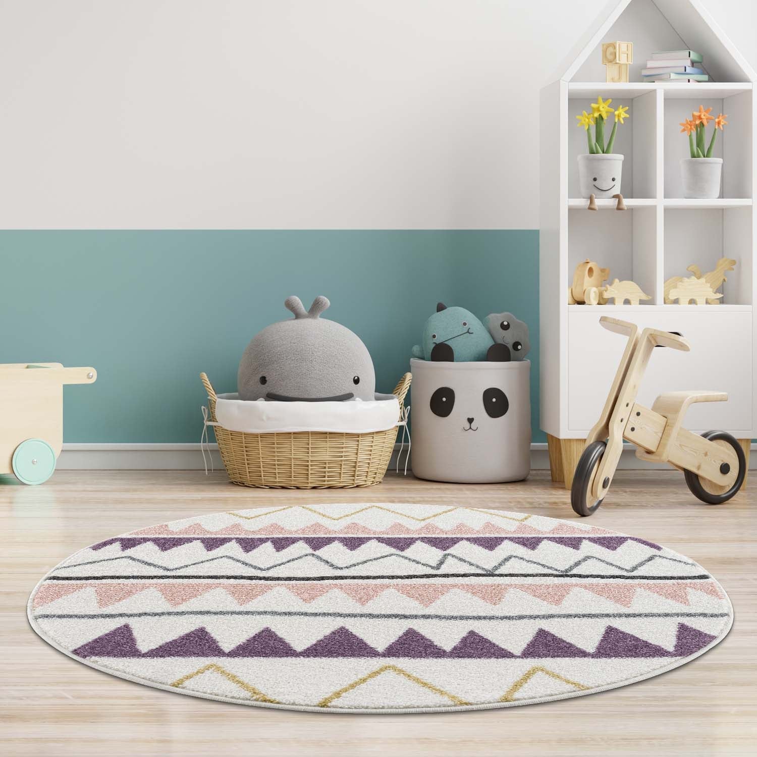 Tapis Rond pour chambre d'enfant Crème Motif Géométrique Rose – STUDIO DECO