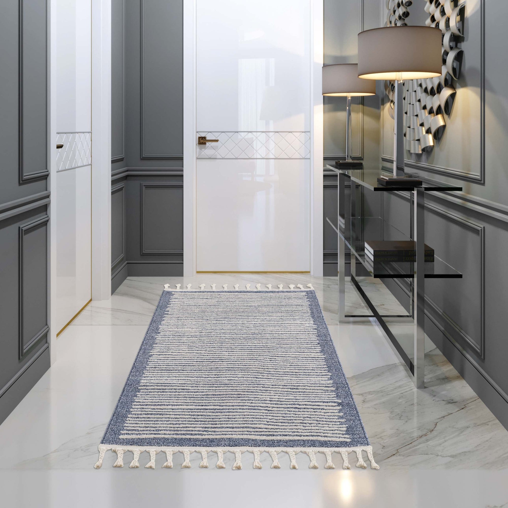 Tapis de couloir Lignes à franges tressées - Bleu – STUDIO DECO