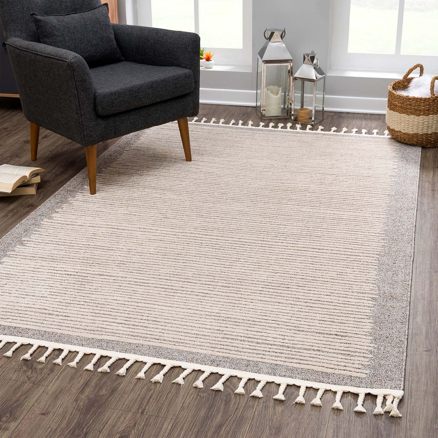 Tapis Scandinave à franges tressées - Beige et Crème