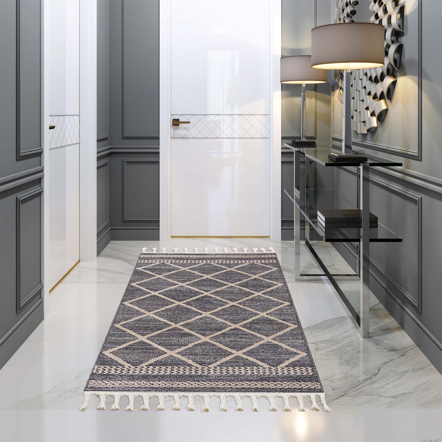 Tapis de couloir Geo à franges tressées - Gris – STUDIO DECO