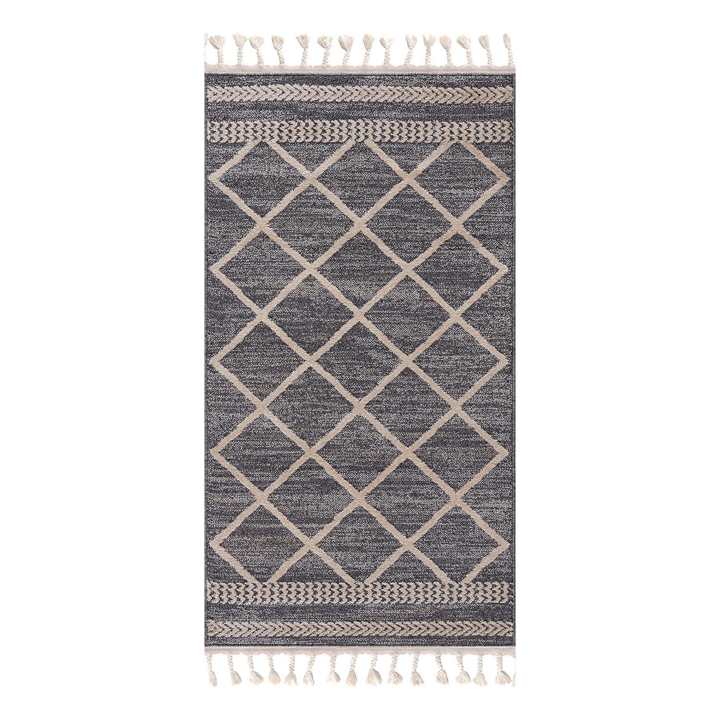 Tapis géométrique à franges tressées - Gris et Crème