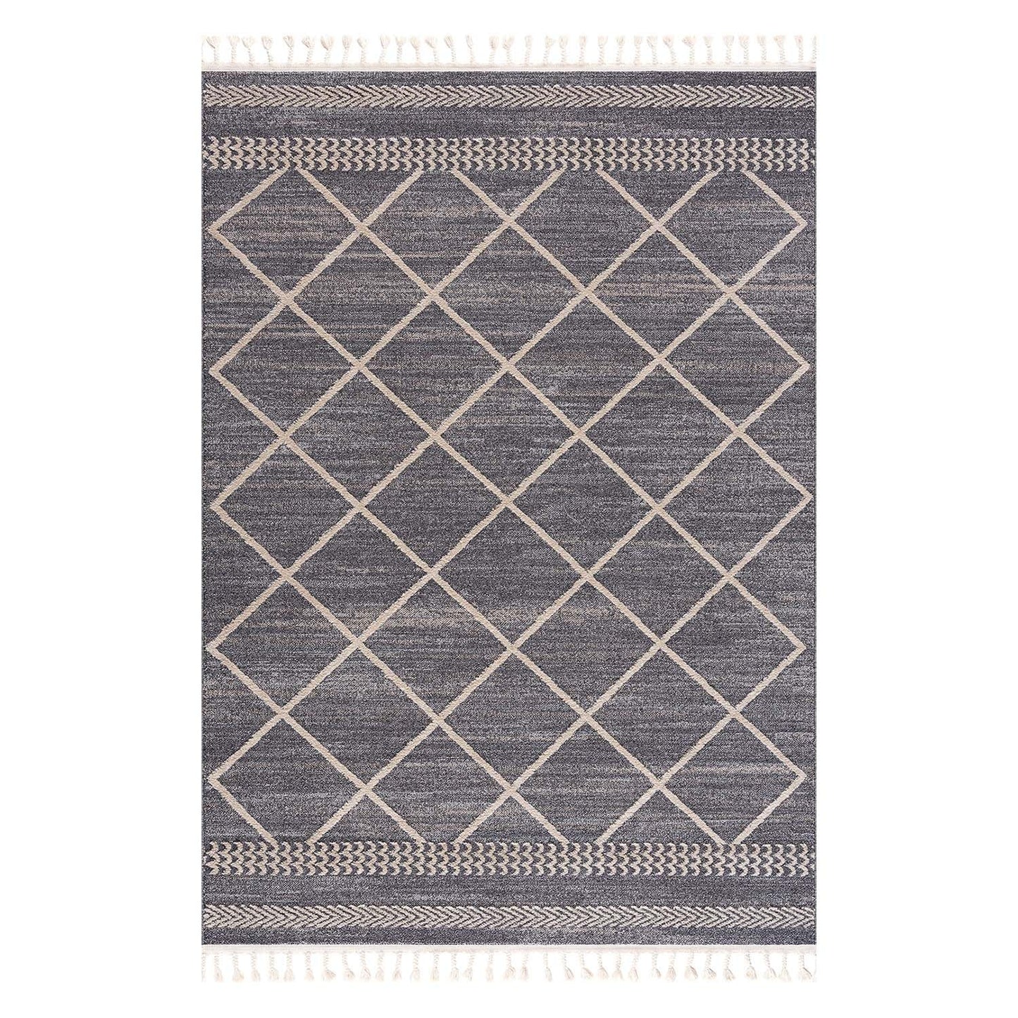 Tapis géométrique à franges tressées - Gris et Crème