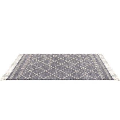 Tapis géométrique à franges tressées - Gris et Crème