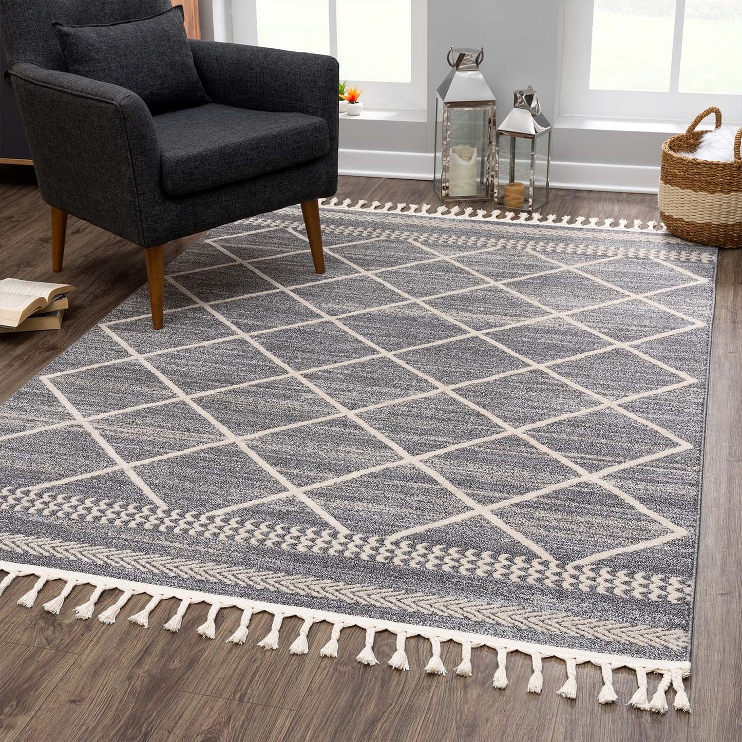 Tapis géométrique à franges tressées - Gris et Crème