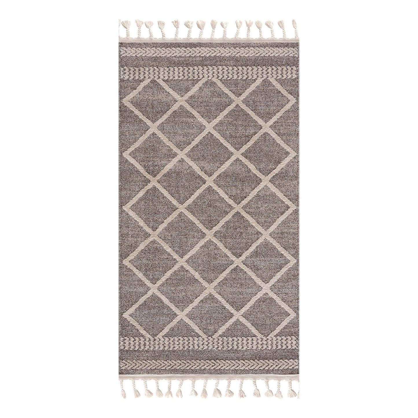 Tapis géométrique à franges tressées - Beige et Crème