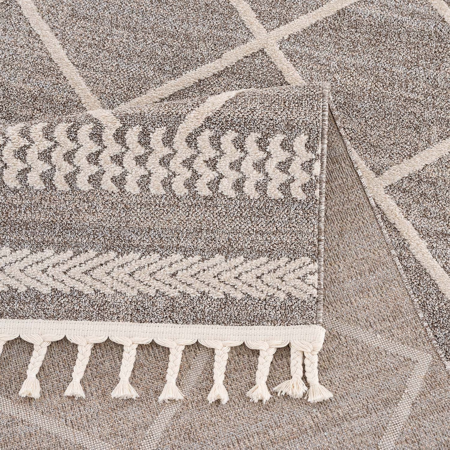 Tapis géométrique à franges tressées - Beige et Crème