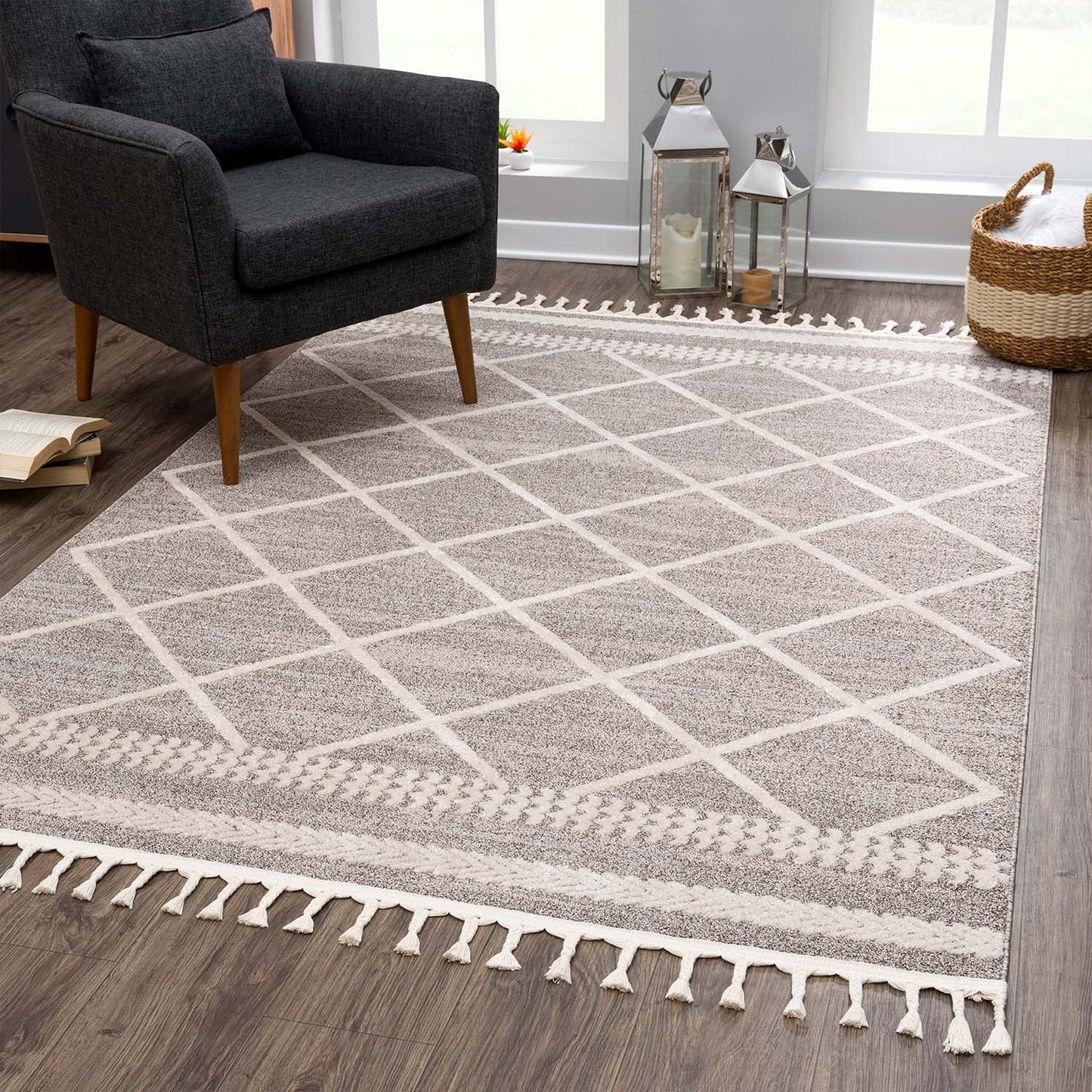 Tapis géométrique à franges tressées - Beige et Crème