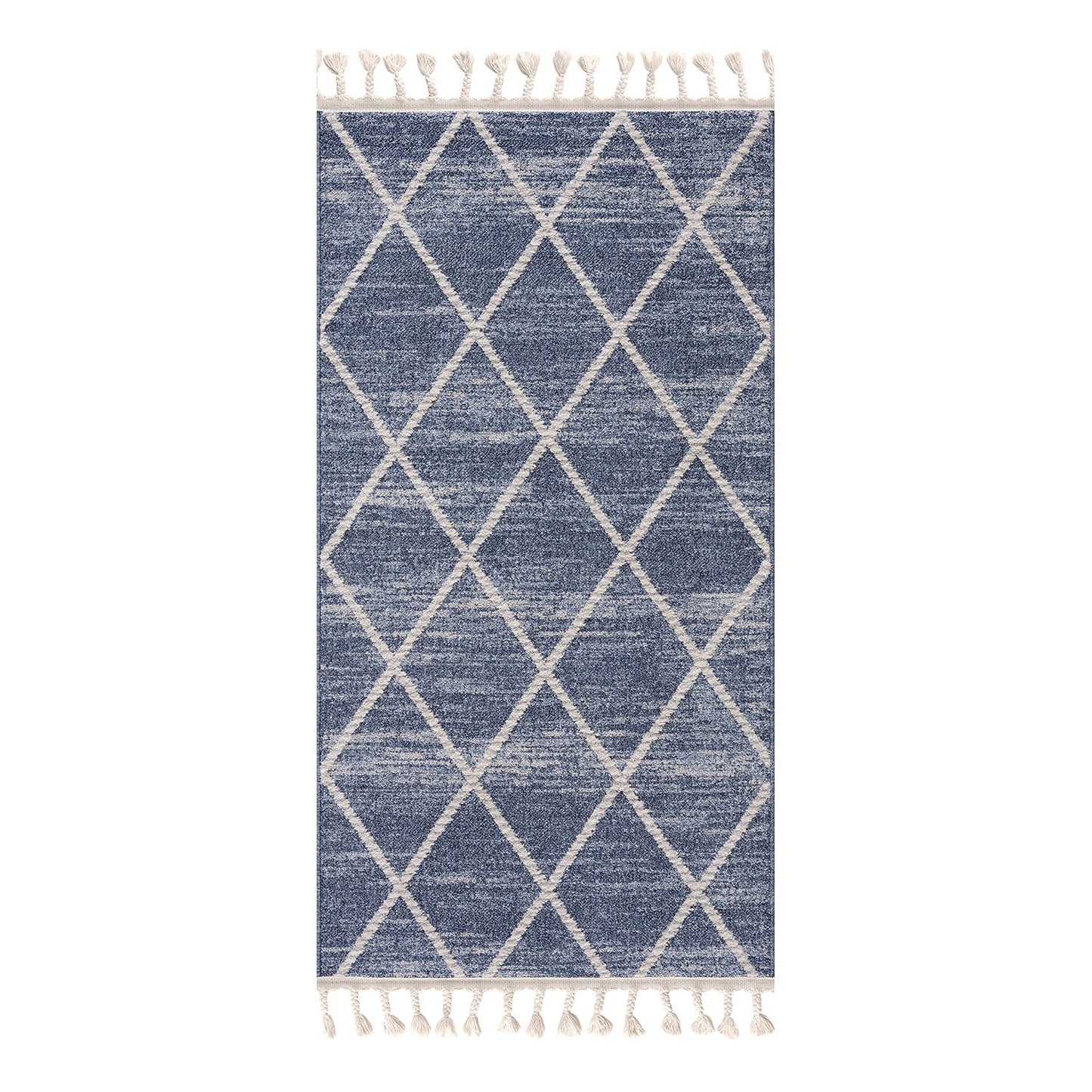 Tapis géométrique à franges tressées - Bleu et Crème