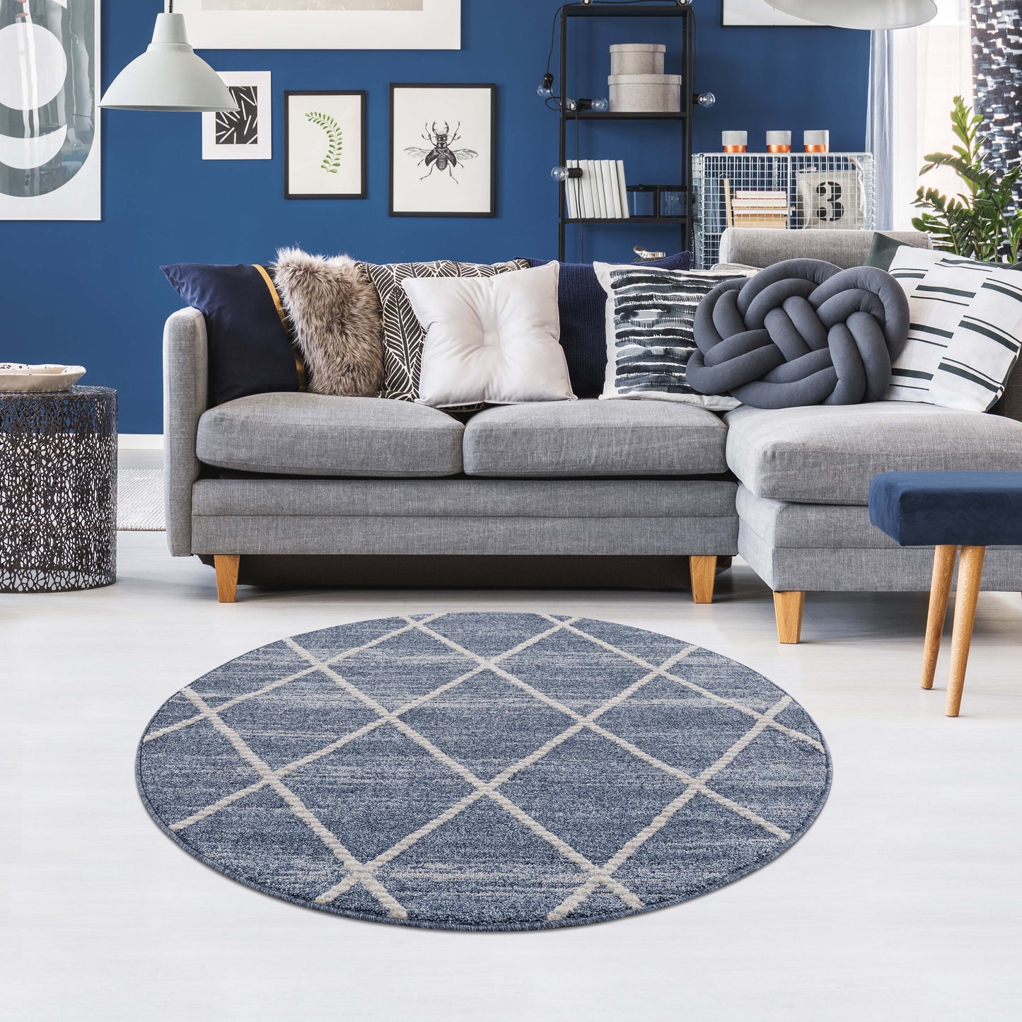 Tapis rond géométrique tressées - Bleu et Crème