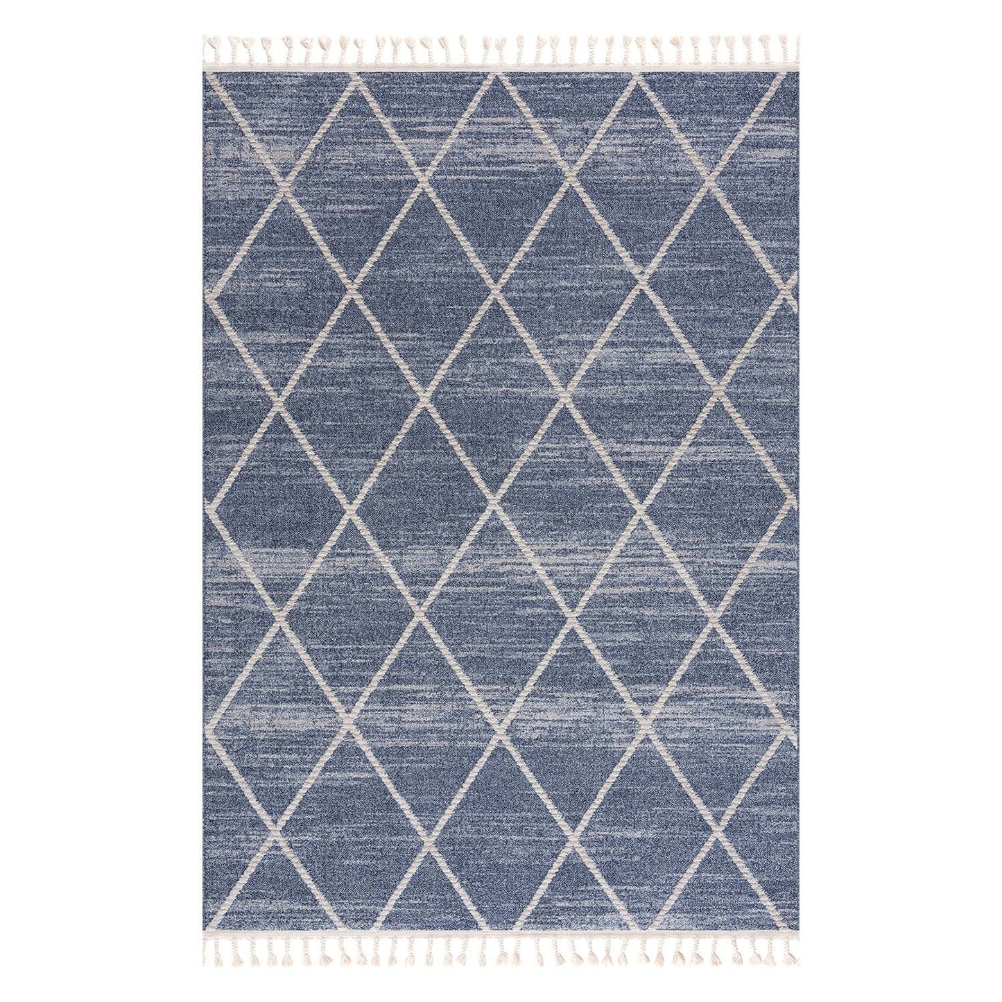 Tapis géométrique à franges tressées - Bleu et Crème