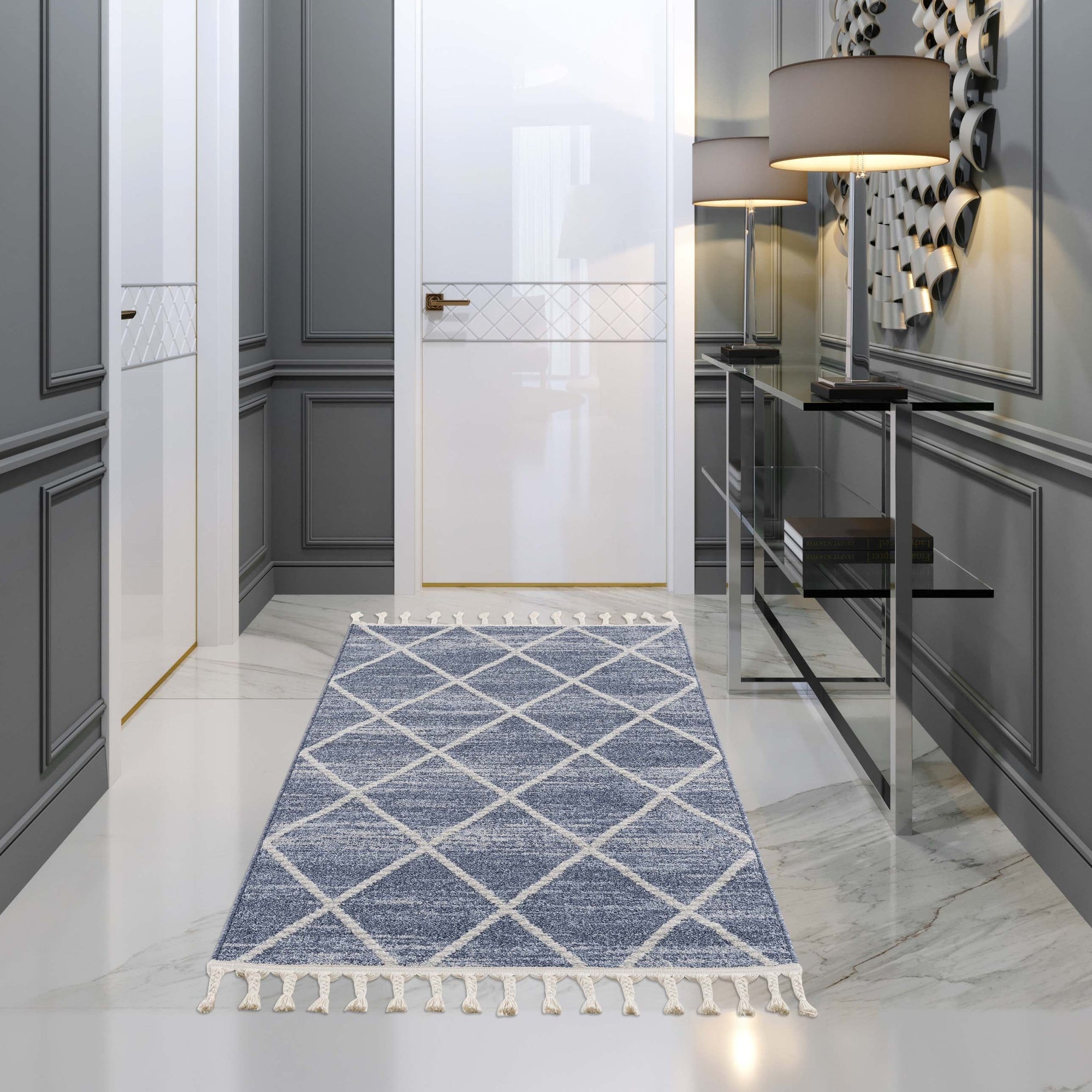 Tapis de couloir Geo à franges tressées - Bleu – STUDIO DECO