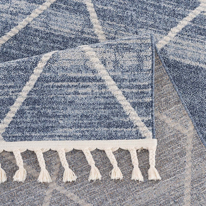 Tapis géométrique à franges tressées - Bleu et Crème