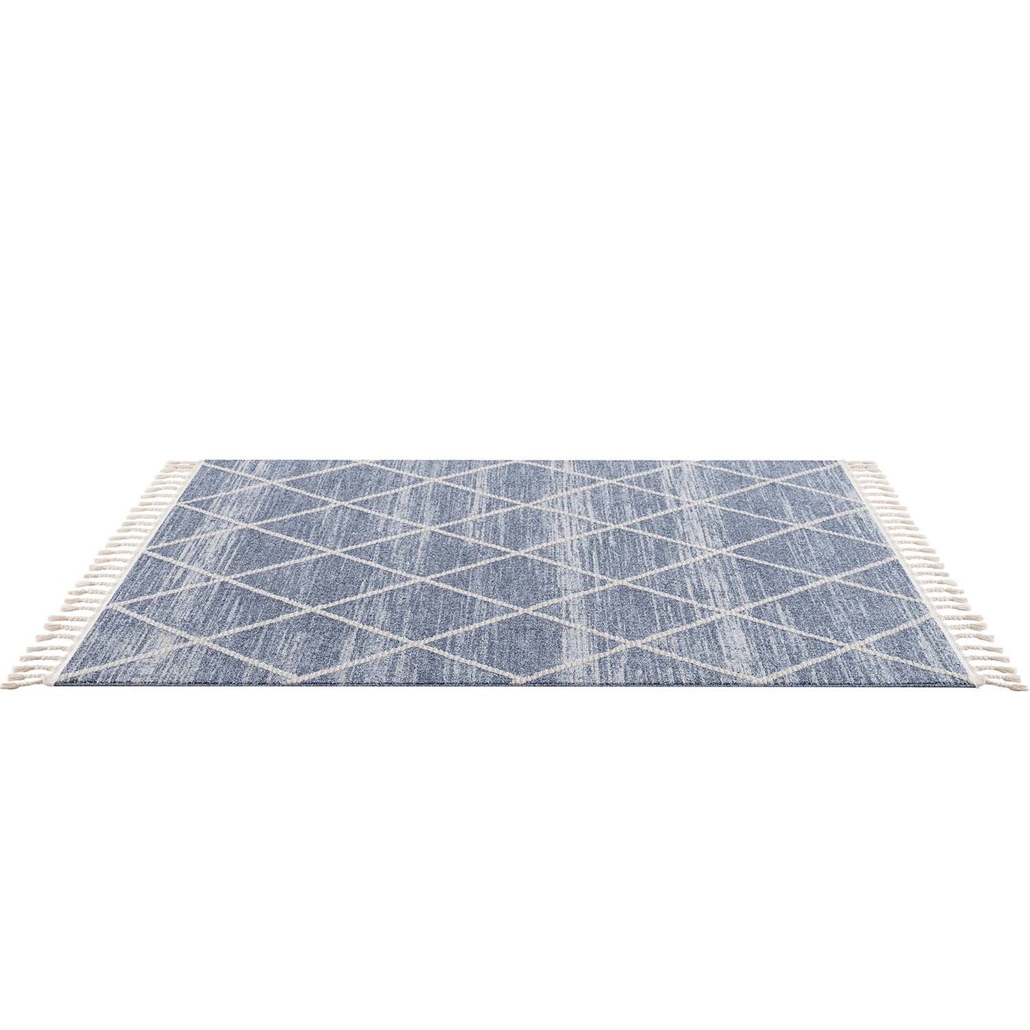 Tapis géométrique à franges tressées - Bleu et Crème